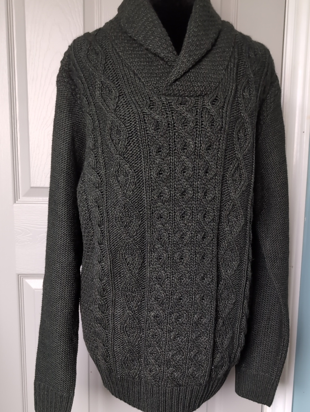 Men's Italian Shawl Collar Cable Knit Sweater - Dark Green